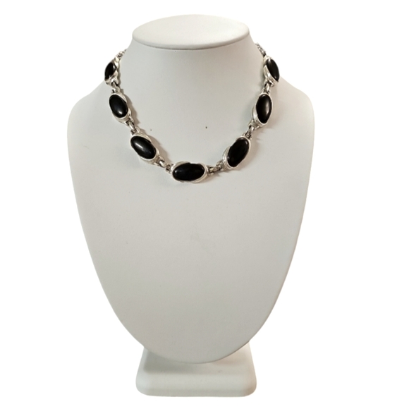 1960 & Black Lucite and Silver Link Futuristic Retro Chunky Statement Necklace.